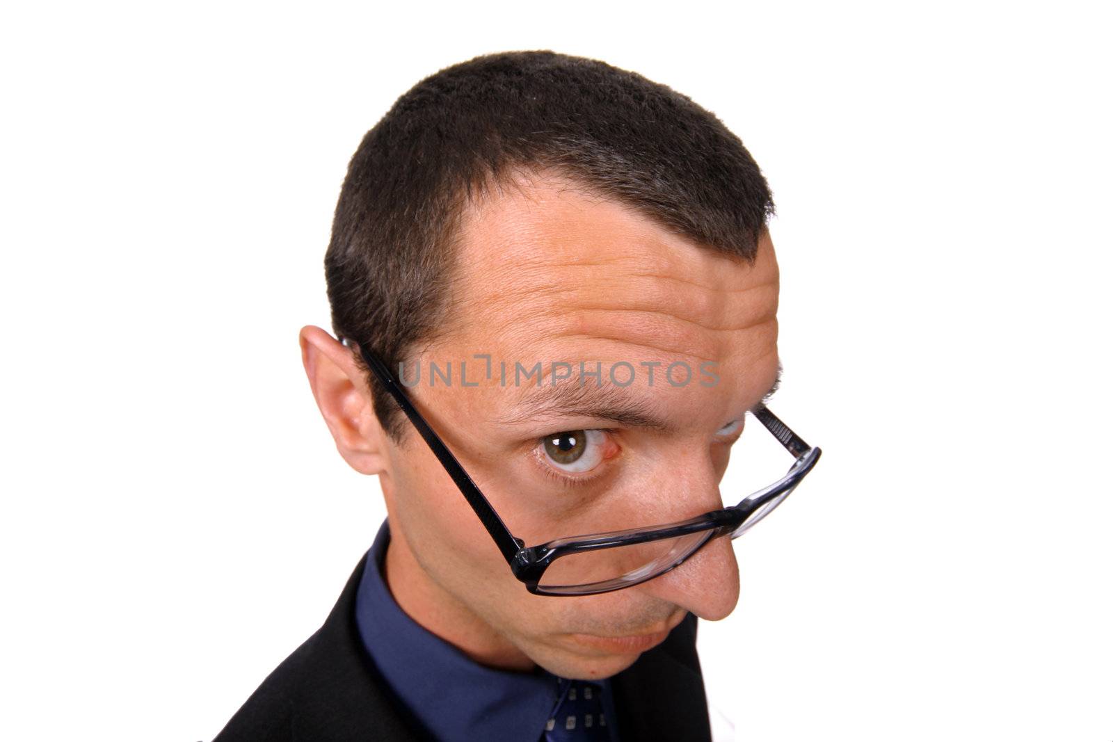 young business man playing silly over white background