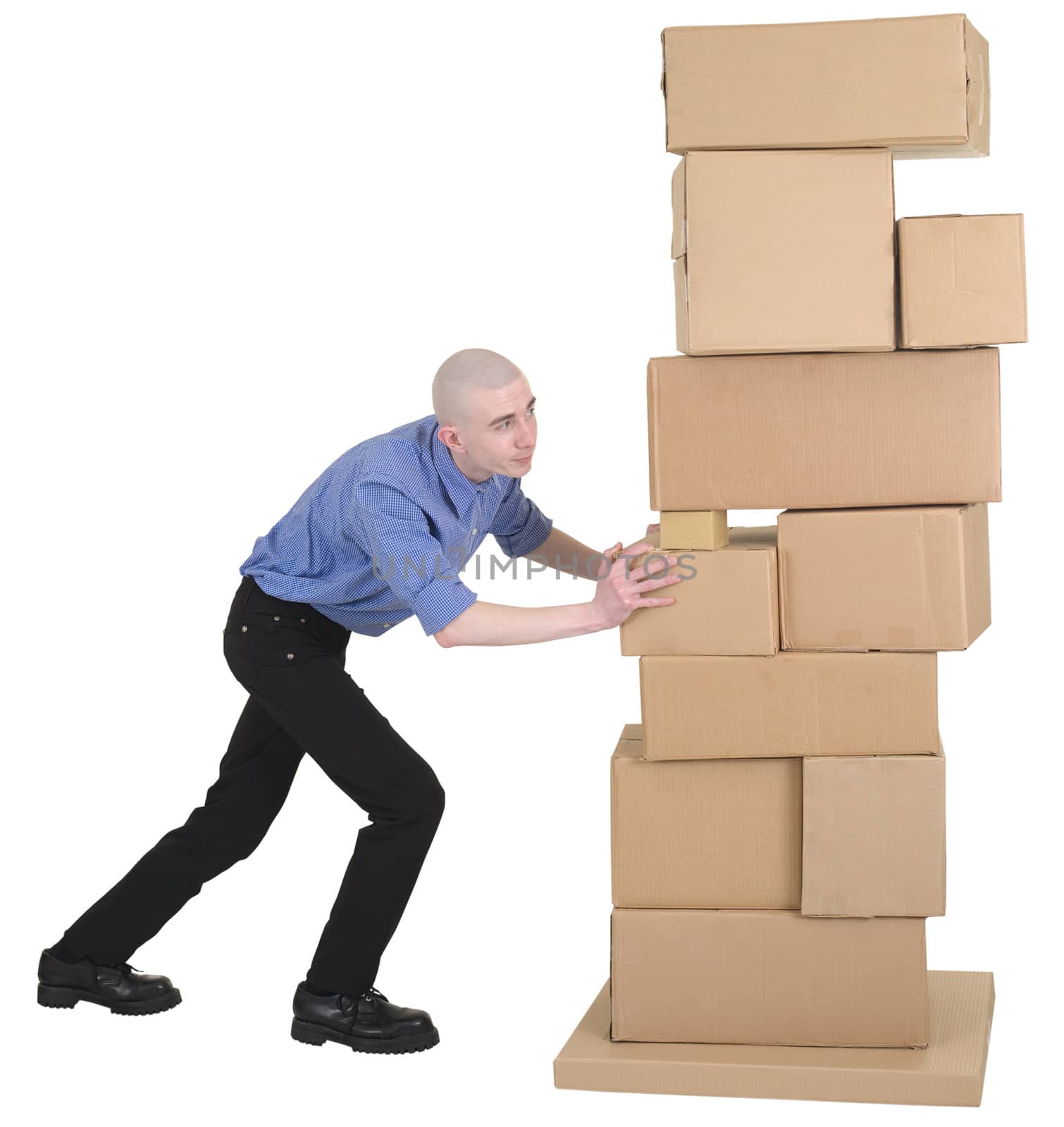 Man pushing pile cardboard boxes on white