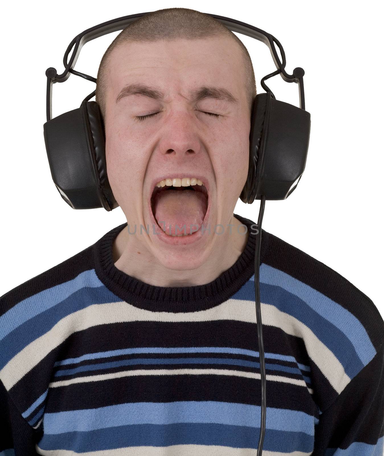 The man in earphones loudly sings on white