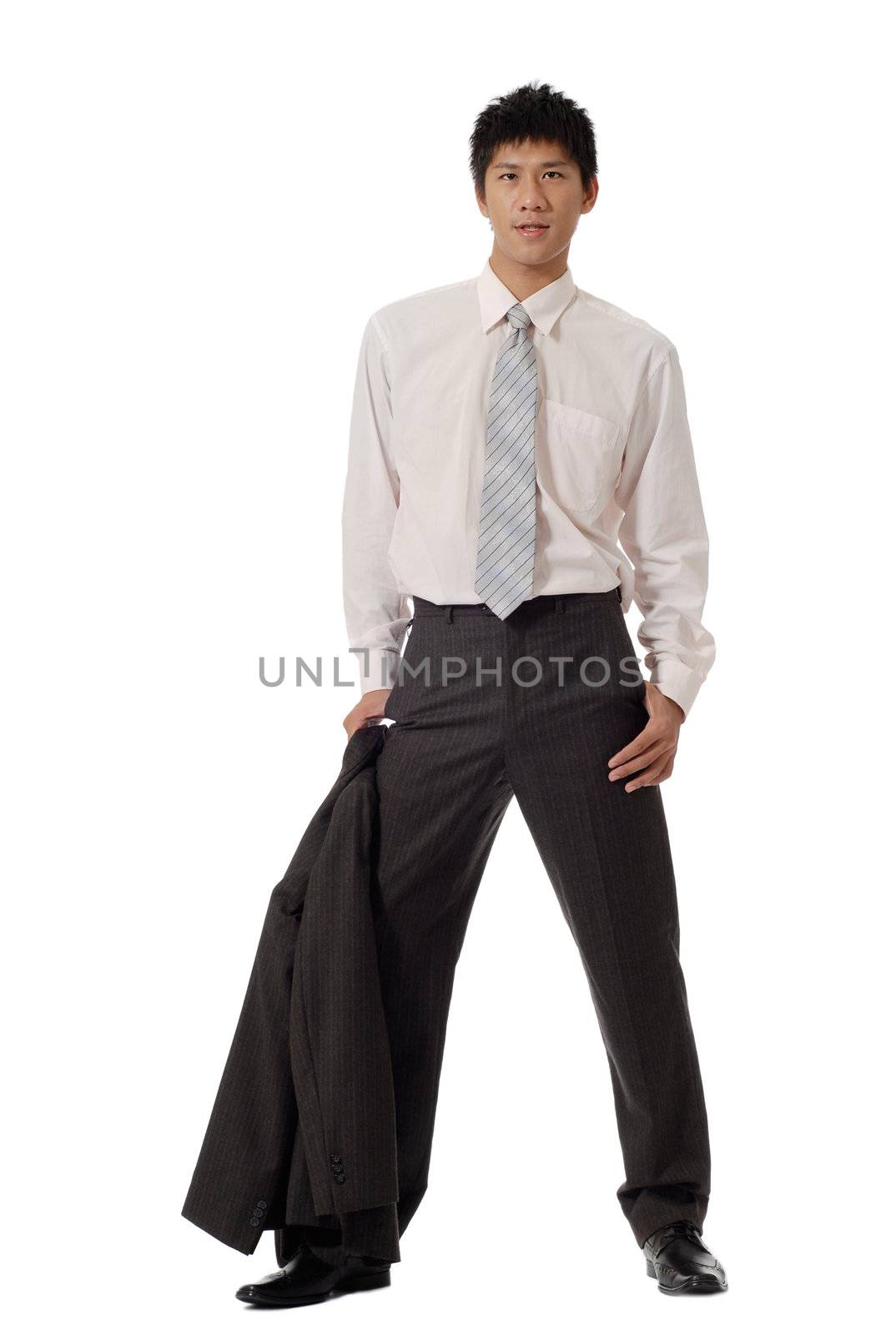 Handsome business man holding coat and standing, full length portrait isolated on white background.