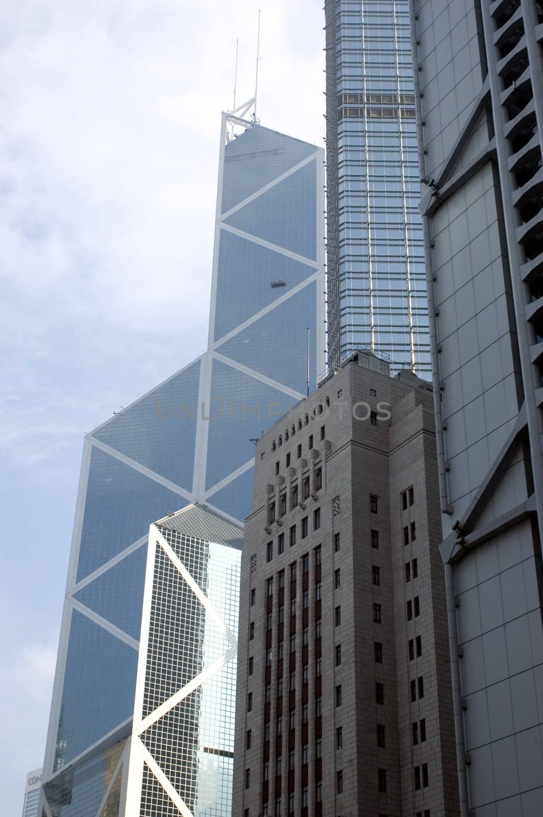 Modern skyscraper in Hongkong Central city center, high office buildings and banks.