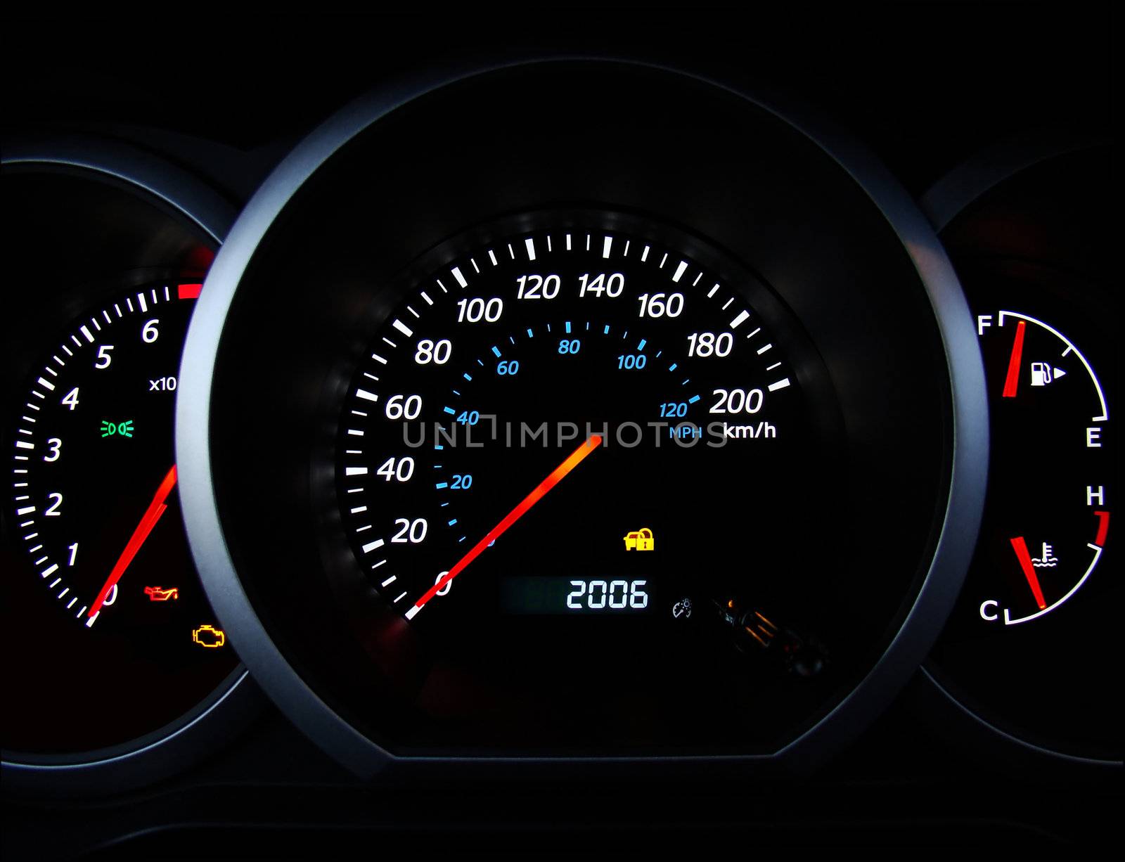 Close up of car dashboard gauges.