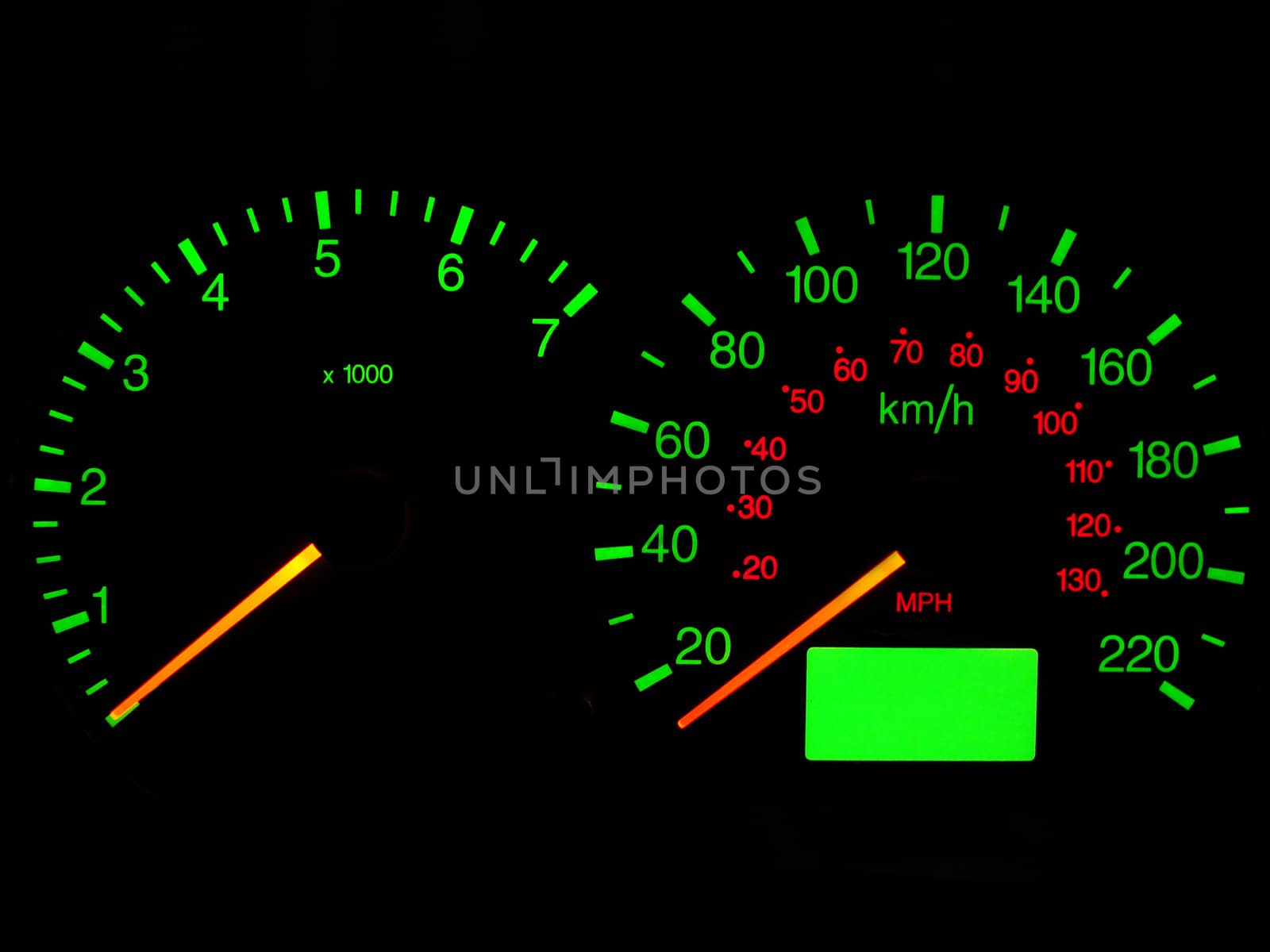 Close up of car dashboard gauges at night.