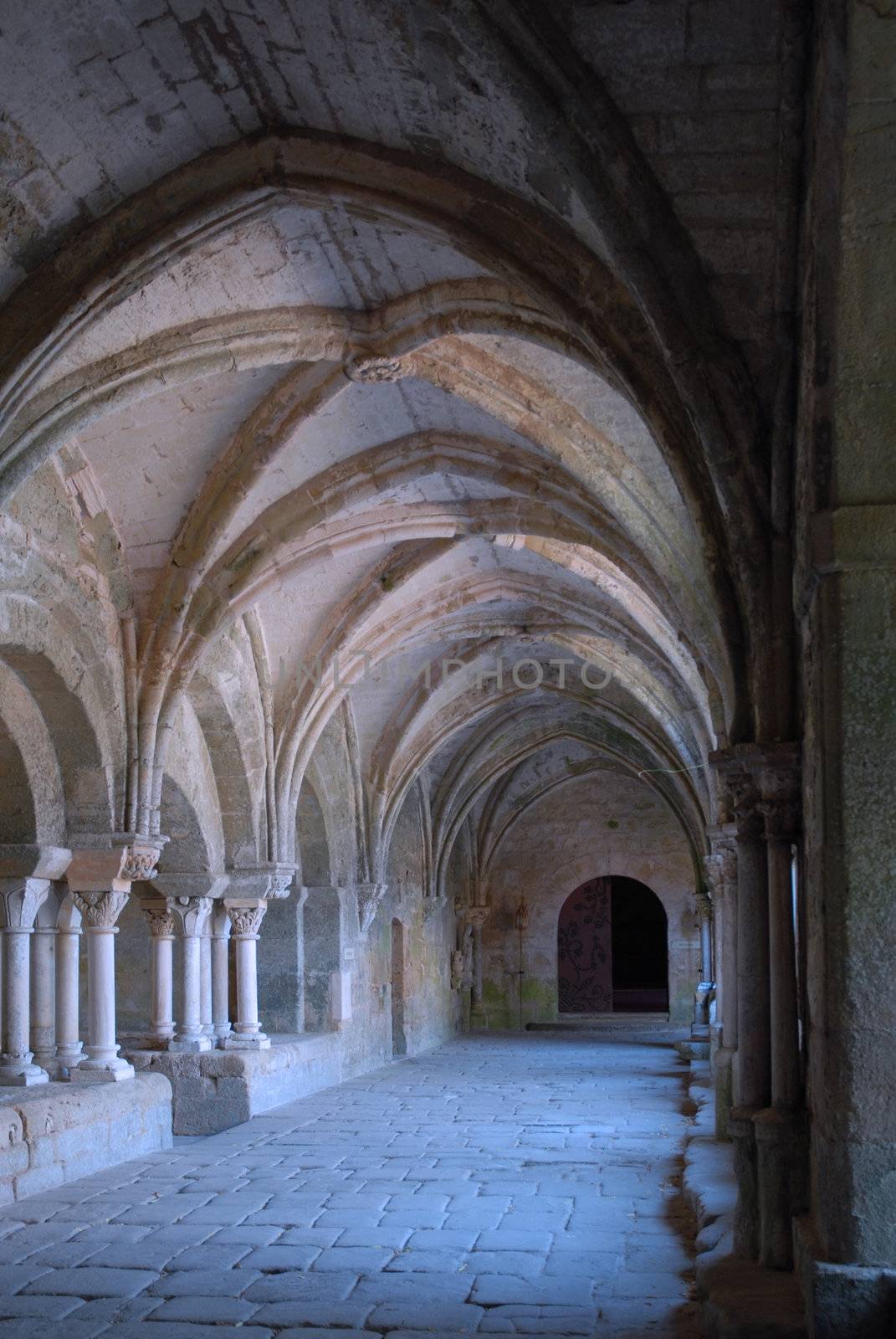 cloister in the abbey of Fontfroide, Aude, Languedoc Roussillon, France
