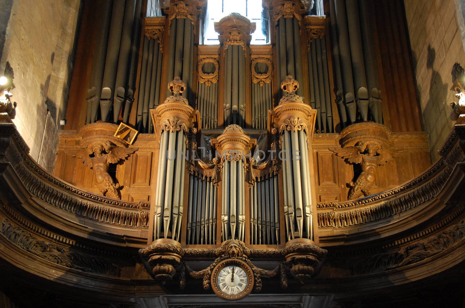 Pipe organ inside Saint Merri church in Paris, France