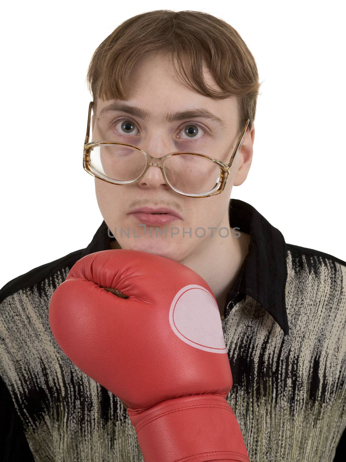 The man in spectacles taking a punch by a boxing glove