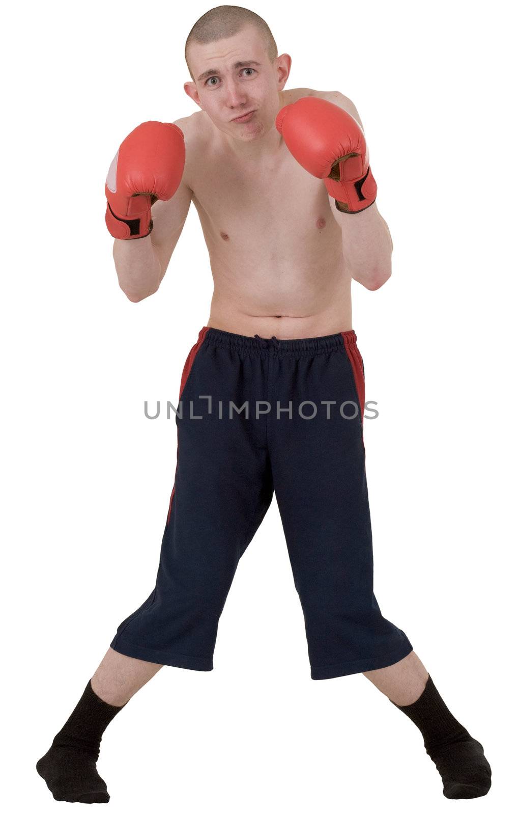 The thin boxer in gloves on a white background