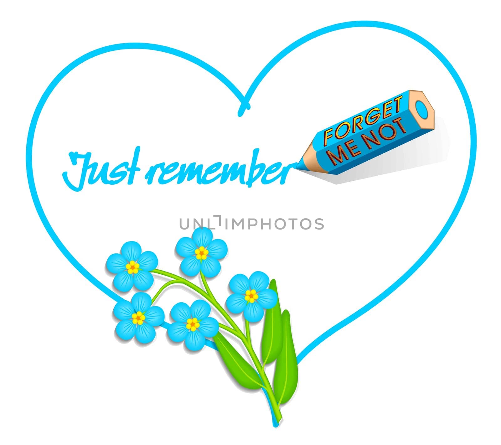 A valentines or all year round love note decorated with Forget-me-not flowers. A light blue color pencil draw a heart and is now writing "Just remember".