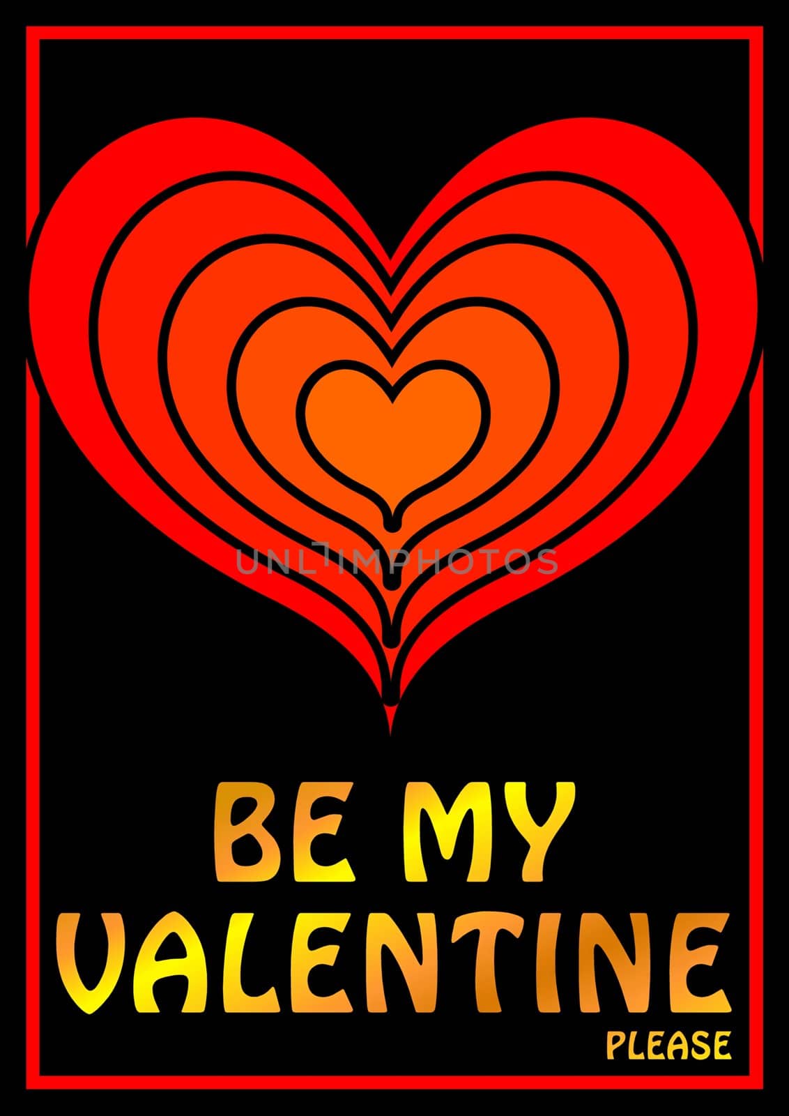 Card, poster, sign or tag with stylish, warm red graphics hearts standing out from the black background. The words: Be my Valentine, please, glowing in golden letters, can easily be replaced with your own text.