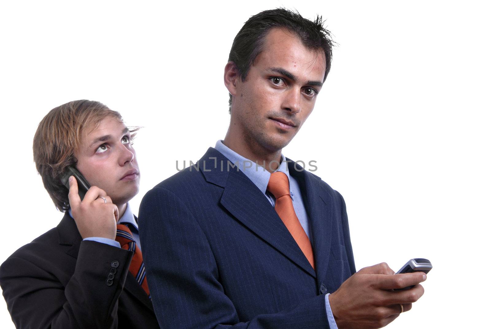 two young men on the phone in white background