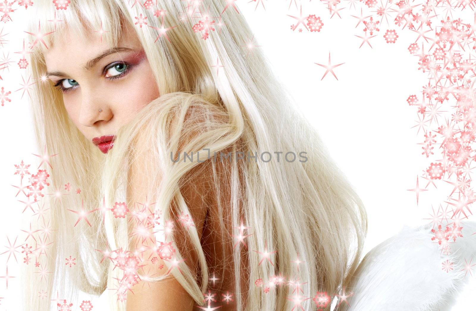portrait of lovely blond with angel wings surrounded by rendered snowflakes