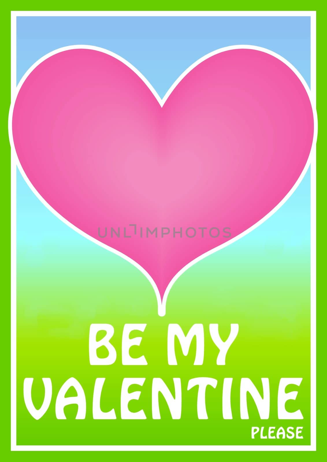 Card, poster, sign or tag with stylish, pink graphics hearts standing out from the grass to sky fountain background. The words: Be my Valentine, please, can easily be replaced with your own text.
