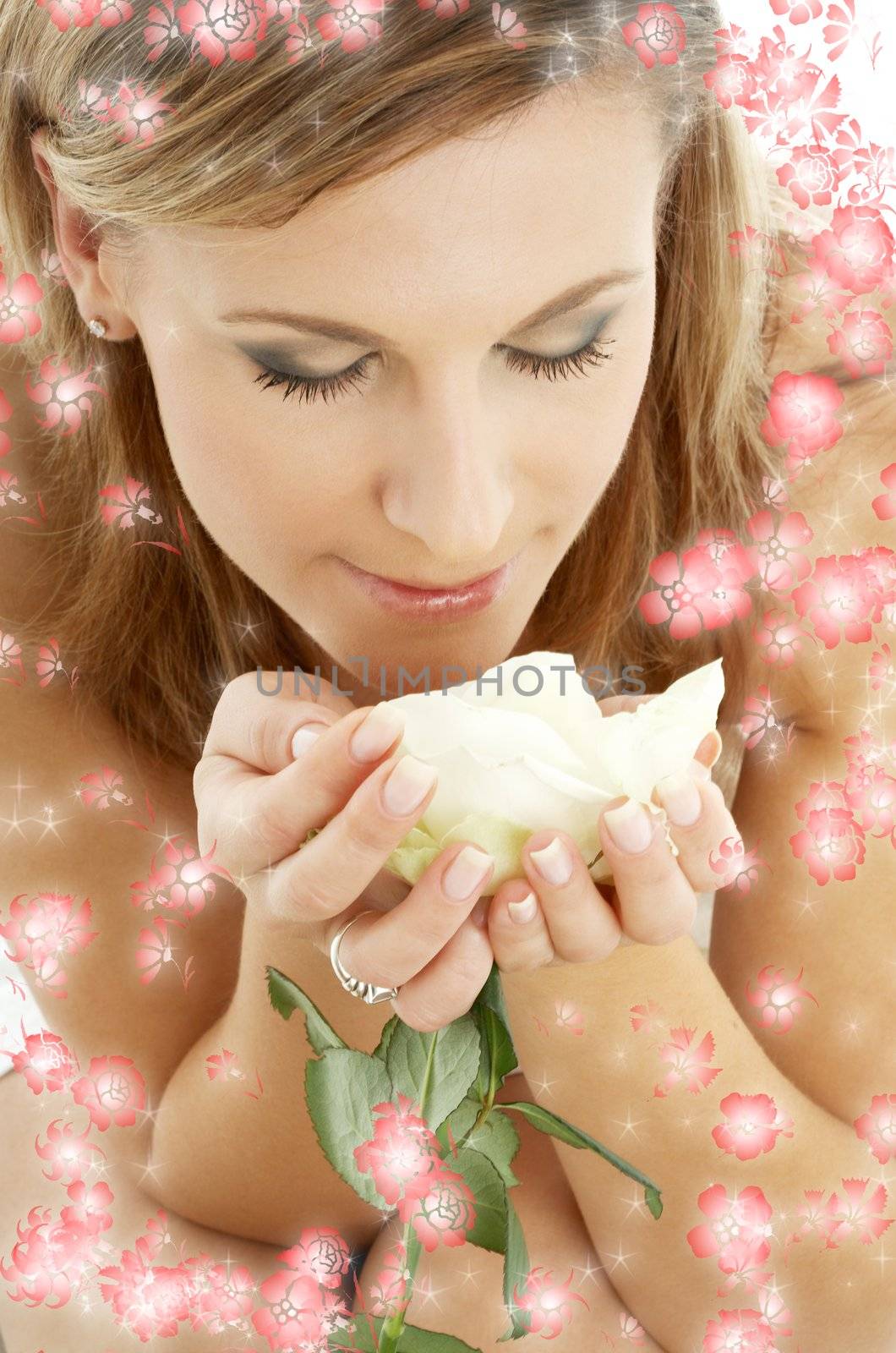 happy girl with white rose surrounded by rendered flowers