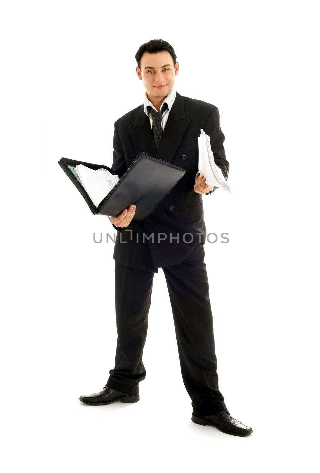 friendly businessman with folder over white background