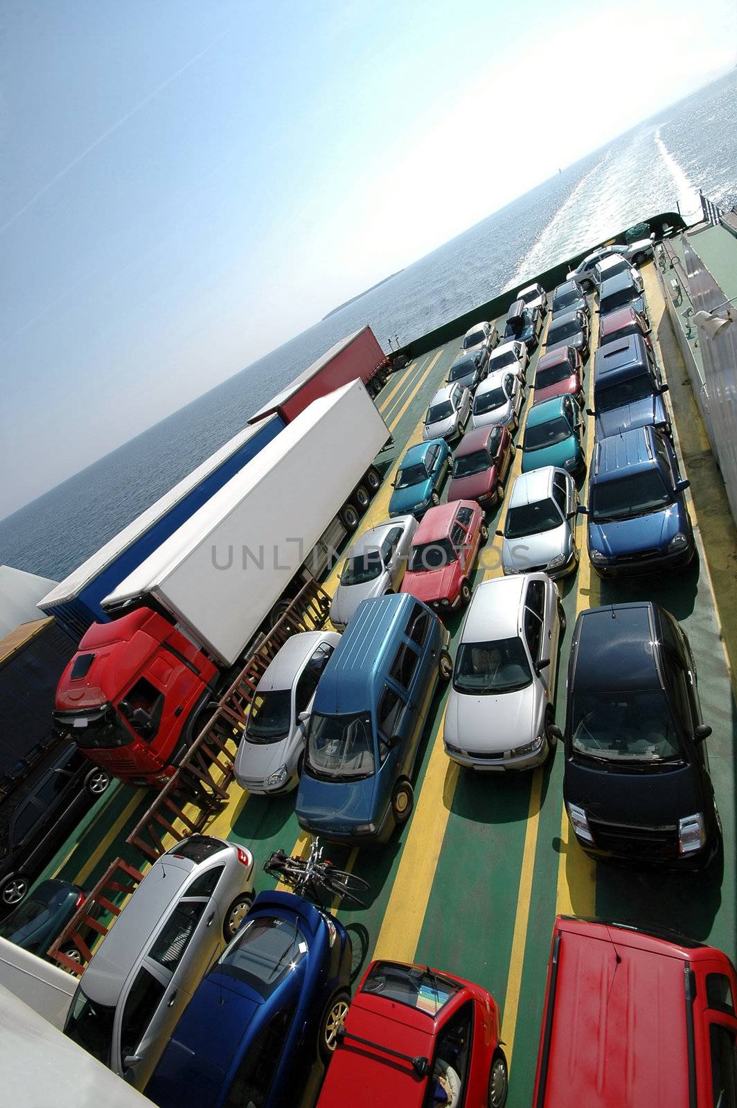 Cars parked on a ferry