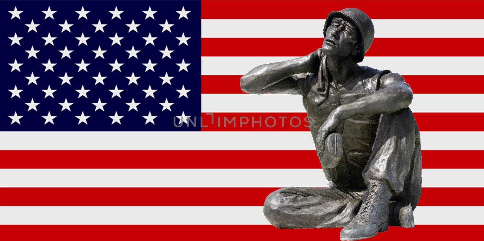 army soldier scupture over american flag background