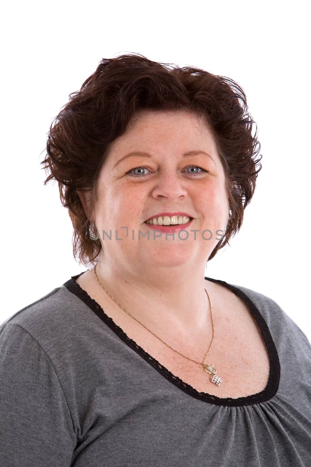 Mature woman in her fifties on white background