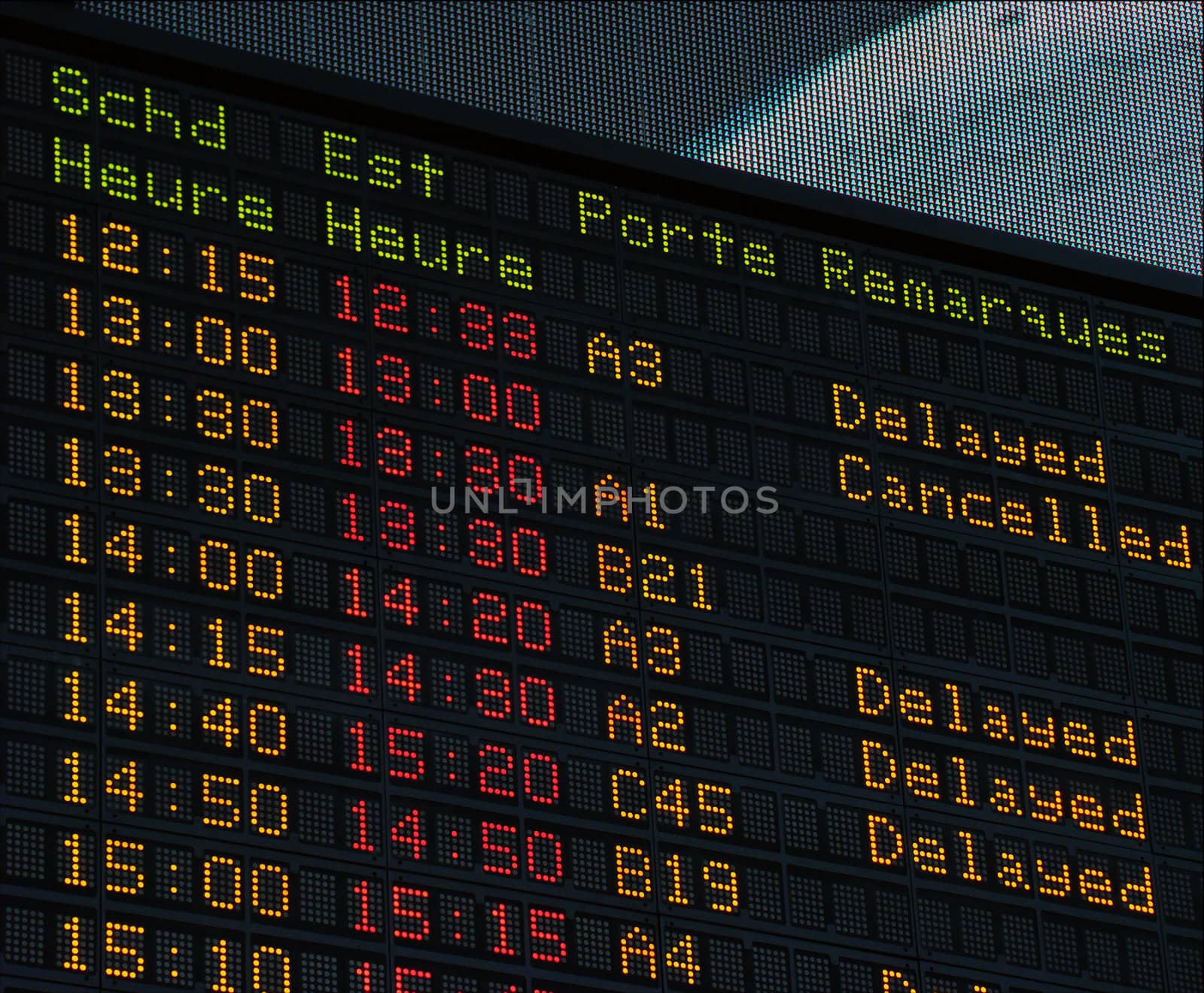 Airport information board, international departures.