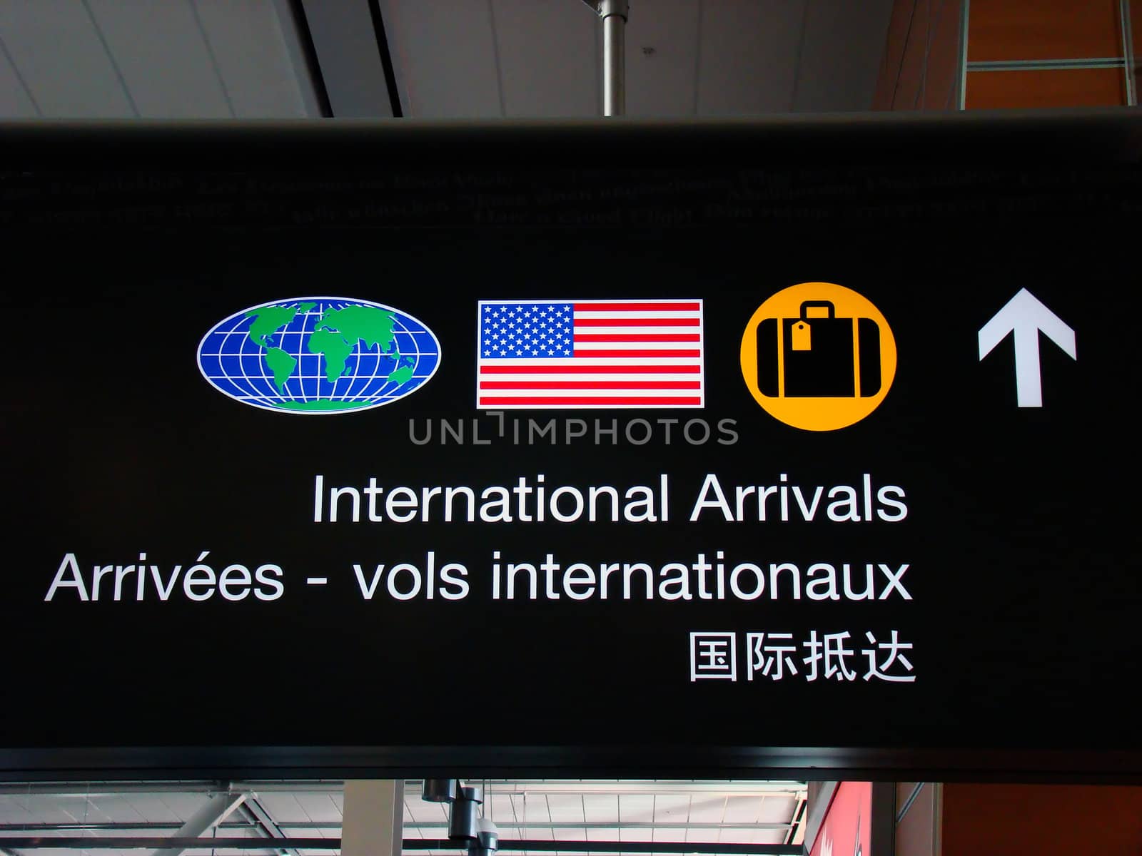 International arrivals terminal sign at Canadian Airport.