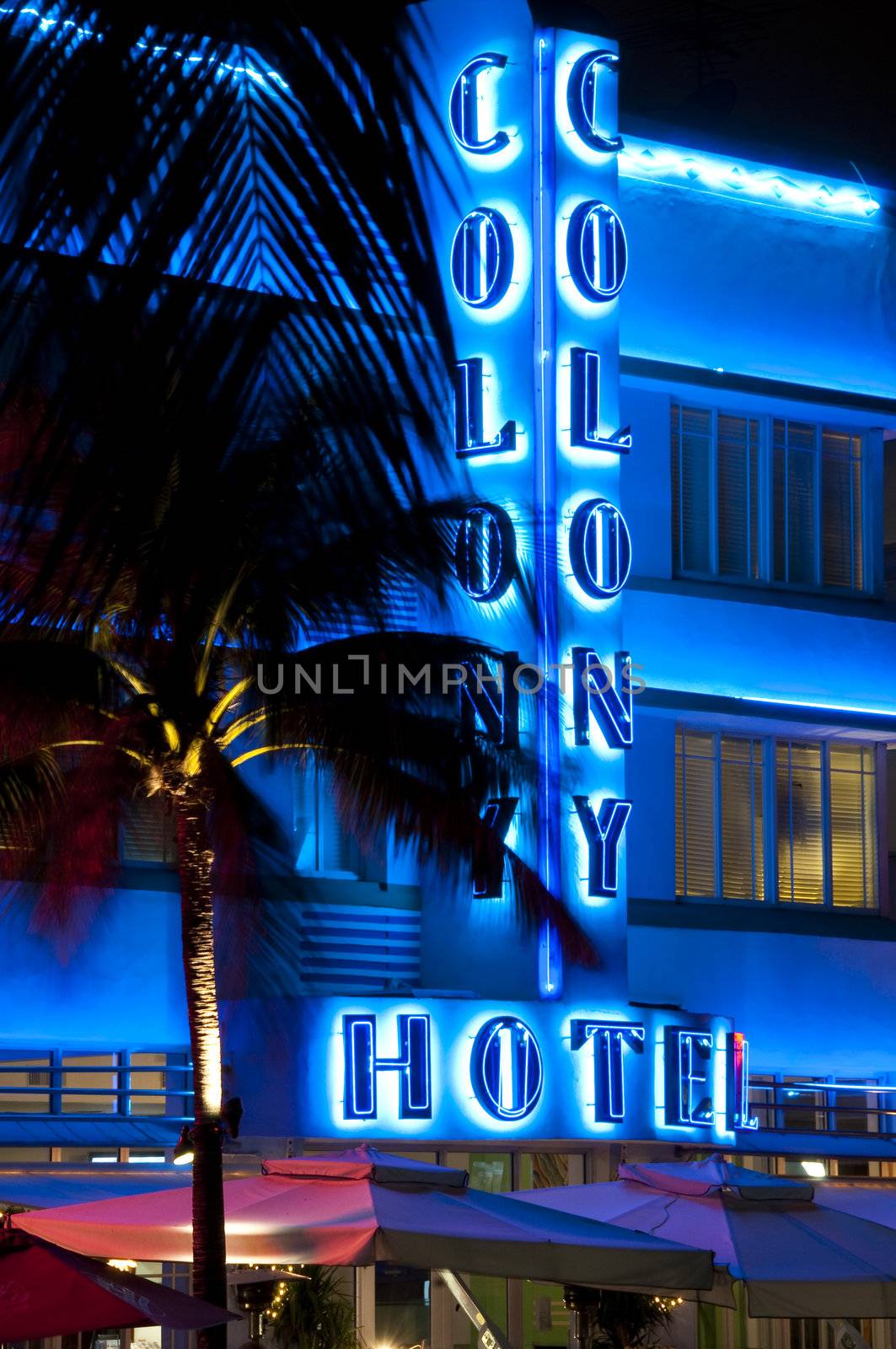 February 2009, Miami Beach. Florida. View of Hotel Colony. The Colony Hotel is one of the most recognized buildings in the art deco district in Miami Beach Florida. The hotel has recently renovated.