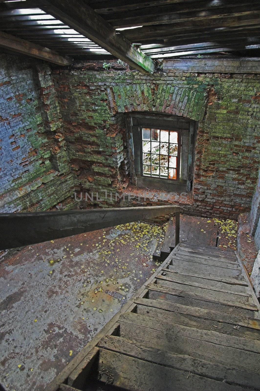 Abandoned store house hall with a staircase.