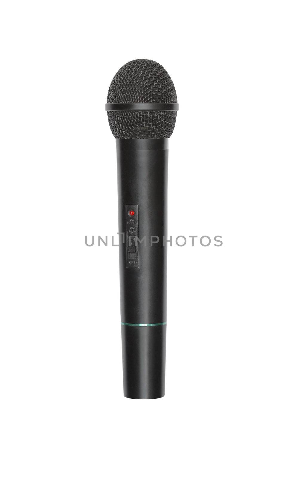 Black wireless microphone isolated on white background with clipping path