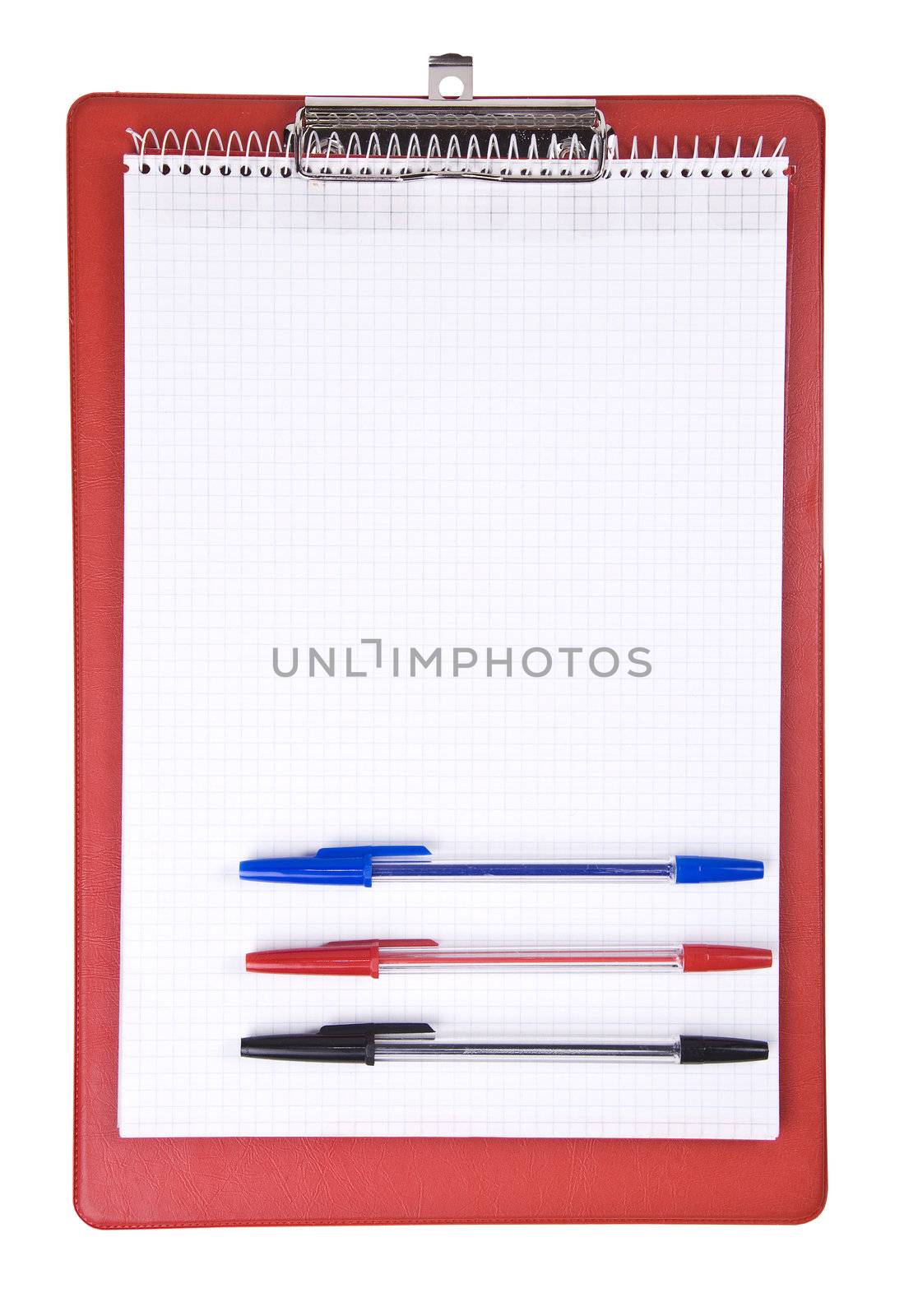 Blank clipboard with a pen isolated on white