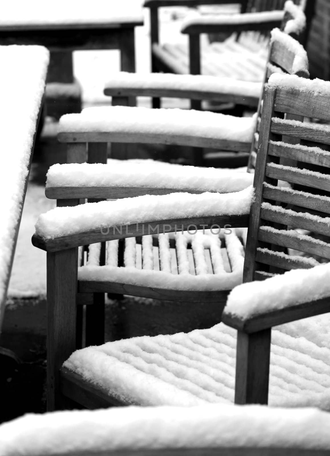 wooden outdoor furninture in winter