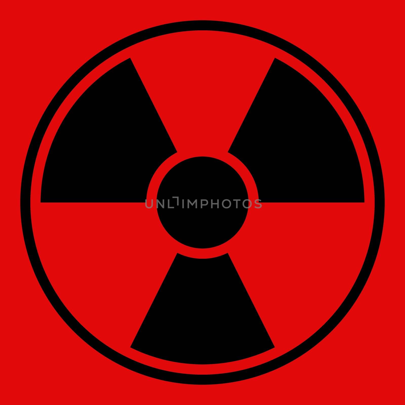 Round radiation warning sign on red background