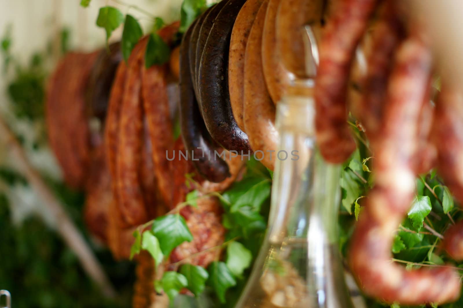 farmhouse table with traditional Polish delicacies. Ham, sausage, bread, etc.