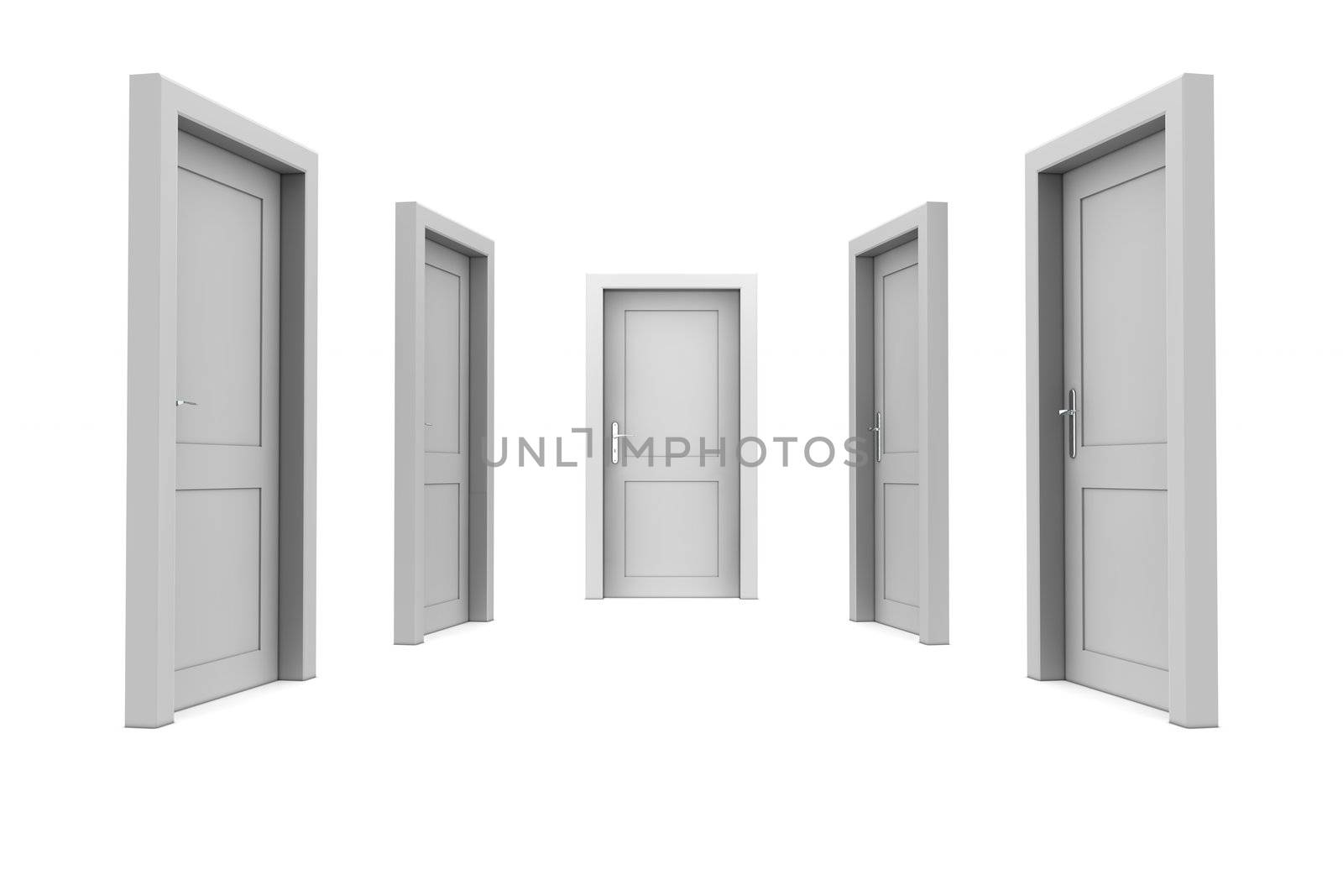 abstract hallway with five grey closed doors