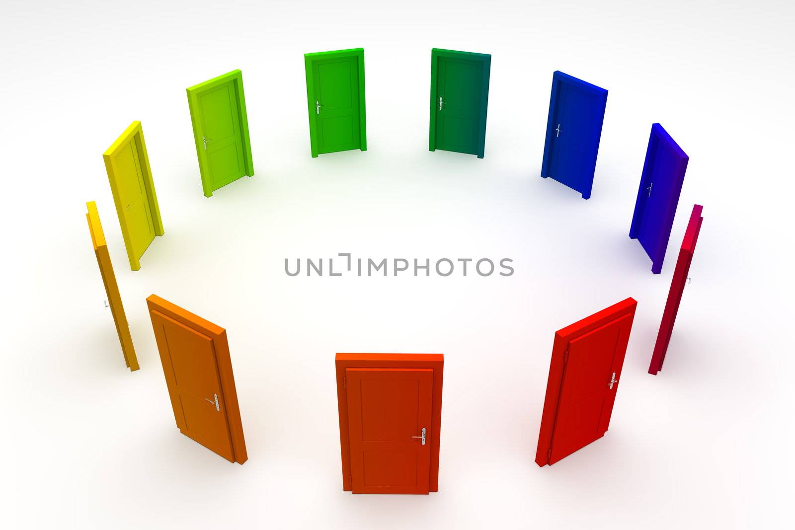 circle of eleven closed doors in different colours - rainbow look