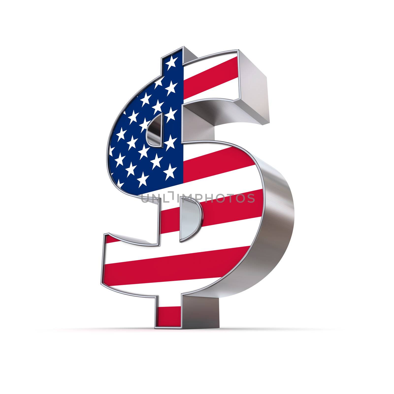 shiny dollar symbol in a metallic chrome look - front surface is textured with the u.s. banner