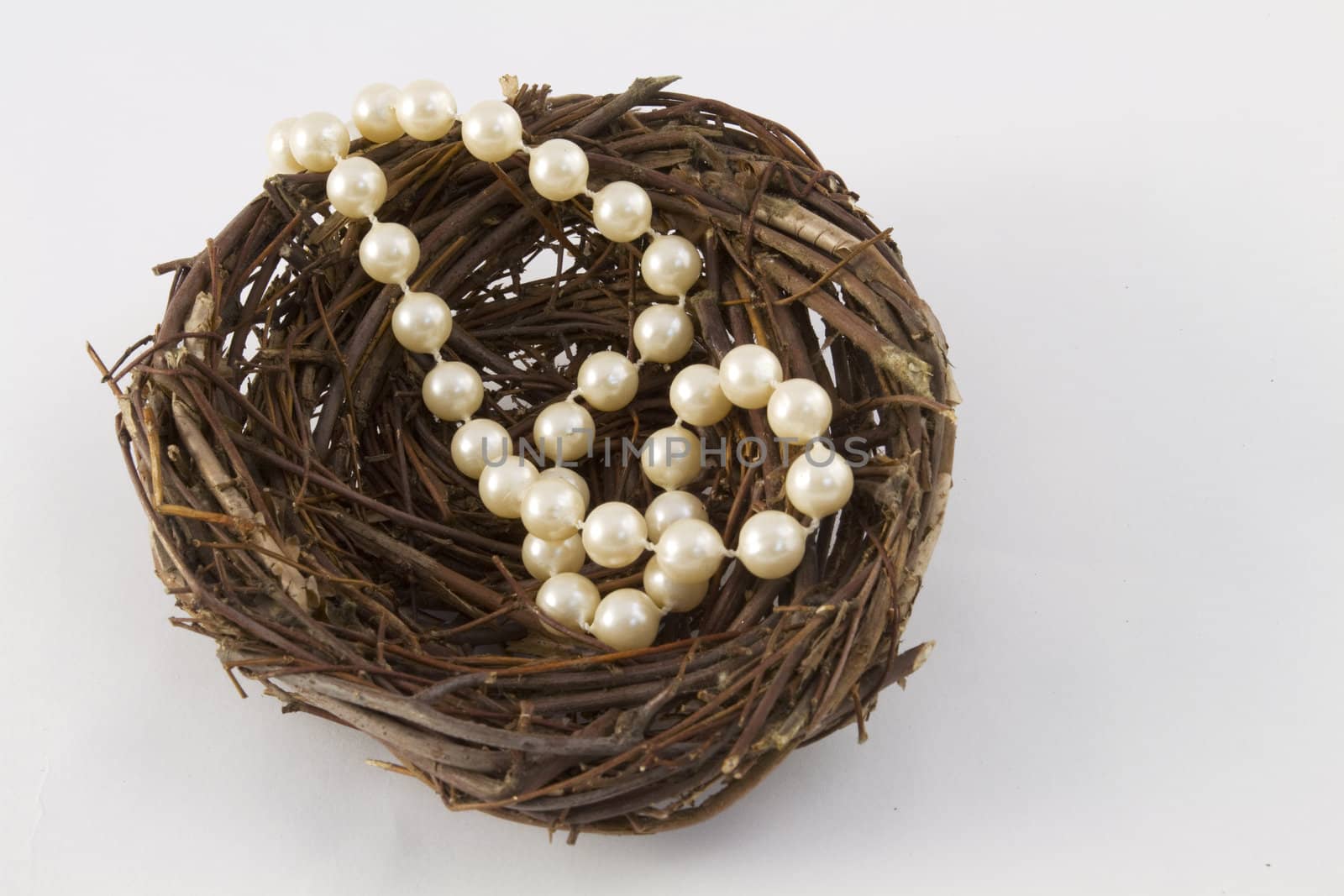 Strand of pearls in brown twig nest reflect a unique nest egg, a special investment