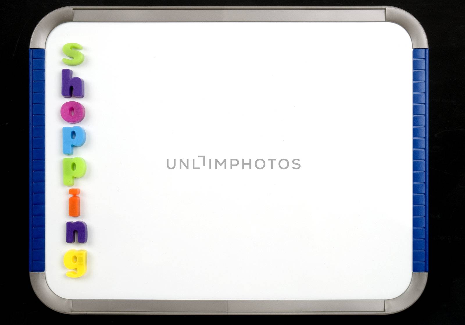 A Magnetic board with the word shopping vertically
