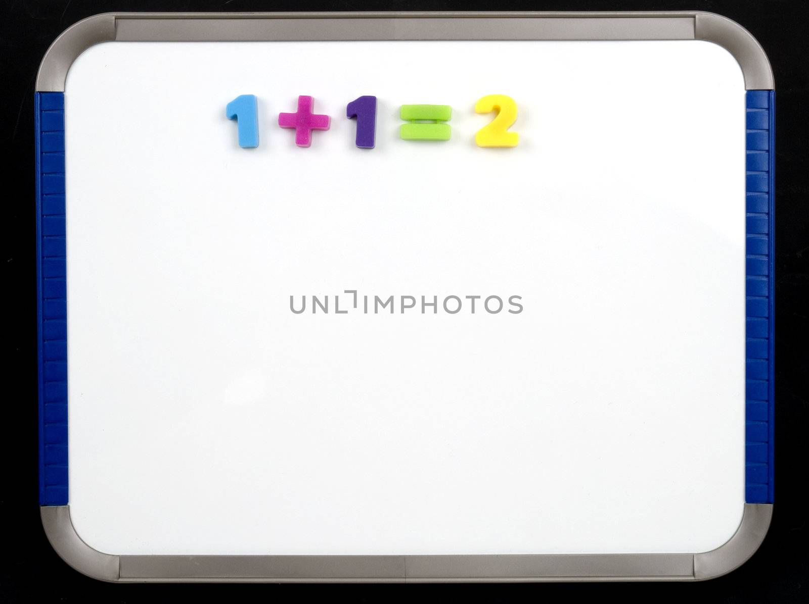 A magnetic board with the sum 1+1=2