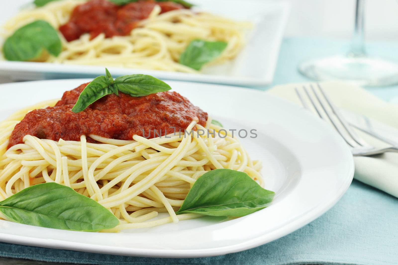 Pasta with tomato sauce and fresh basil. Shallow DOF. 