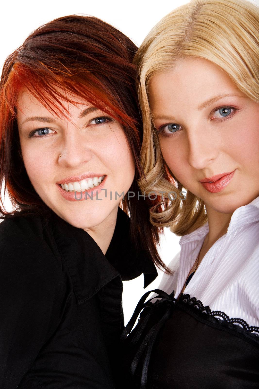Two girl friends on isolated white