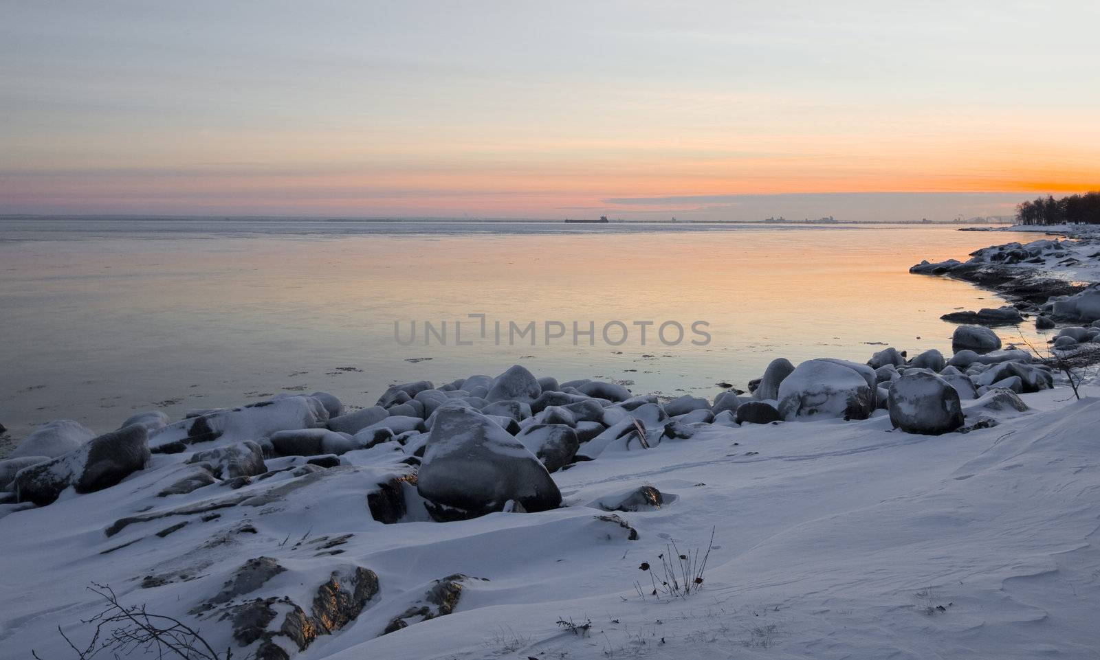 December image of the distant harbor of the twin ports of Duluth, Minnesota and Superior, Wisonsin