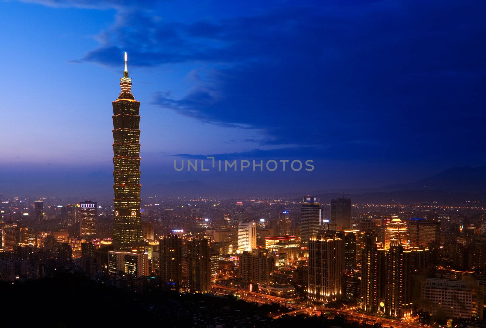 Night was coming and lights of downtown were glory. Taipei 101 is guardian of the city.