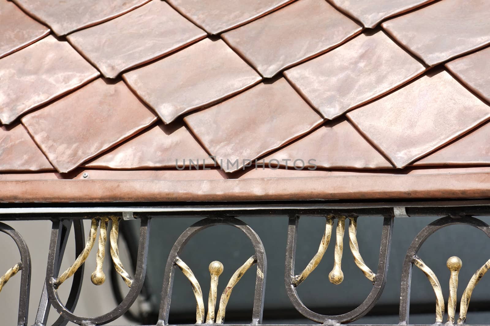 Roof covered with copper plates and decorated with forged grid (the Kiev-Pecherskaya Lavra monastery, Kiev, Ukraine)