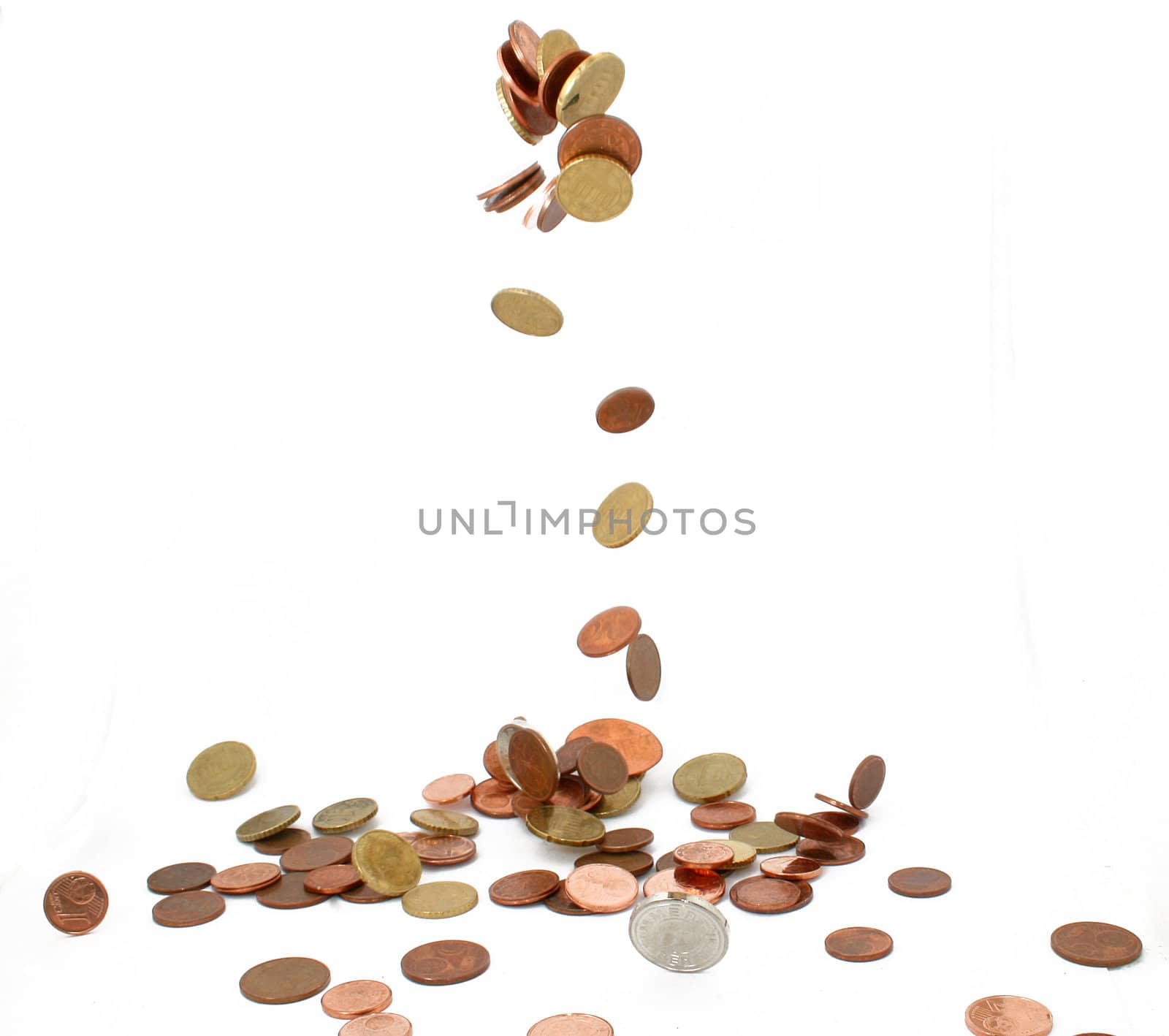 falling coins isolated on white background