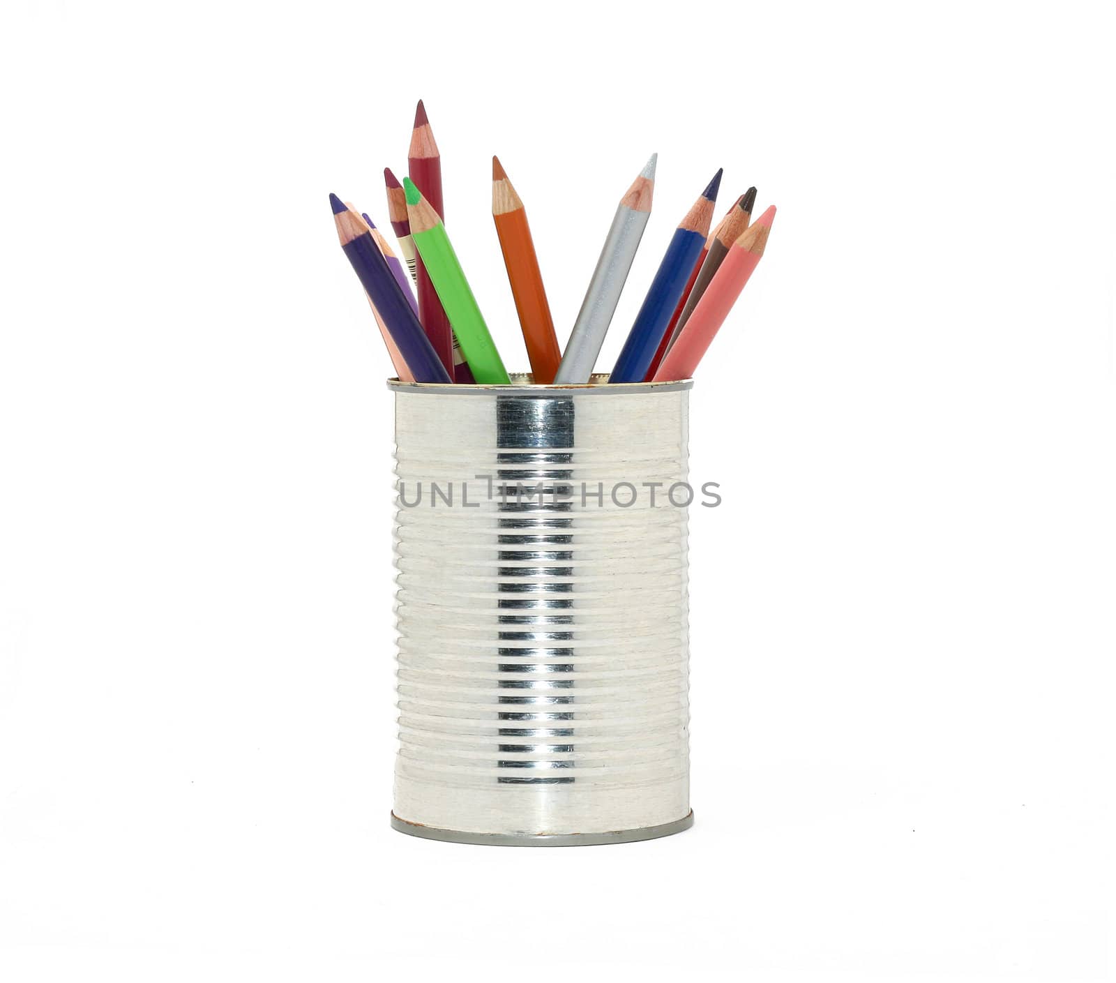 a can full of pens isolated on white background