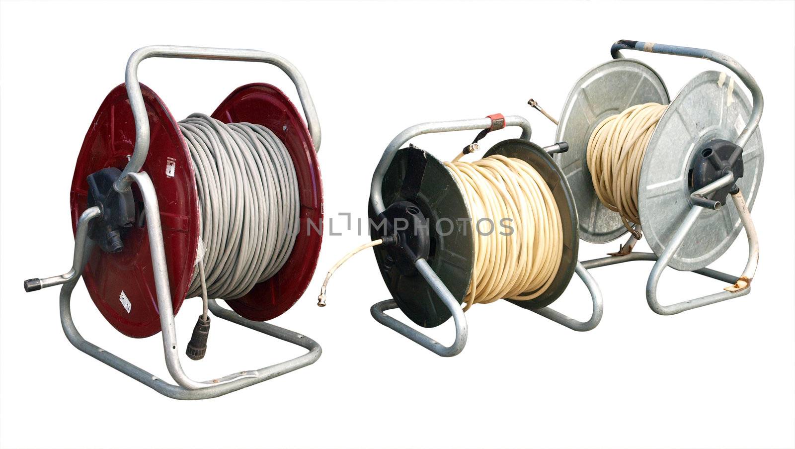 Three reels  of coaxial TV cable isolated with clipping path   