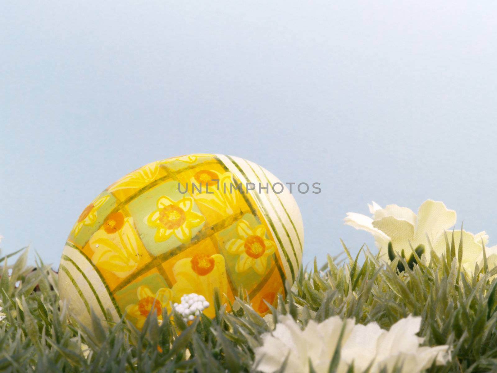 handpainted daffodil design on easter egg, artificial grass and blossoms, bright blue background