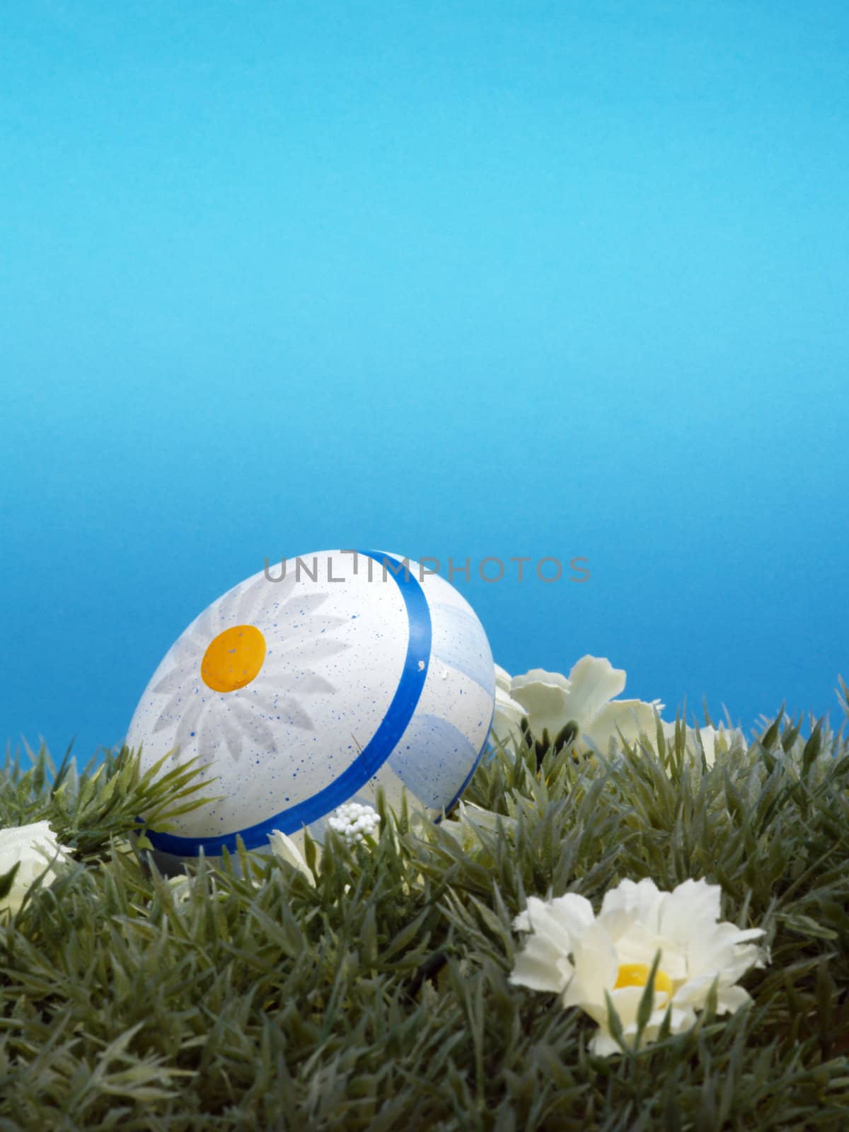 handpainted daisy design on easter egg, artificial grass and blossoms, shades of blue background