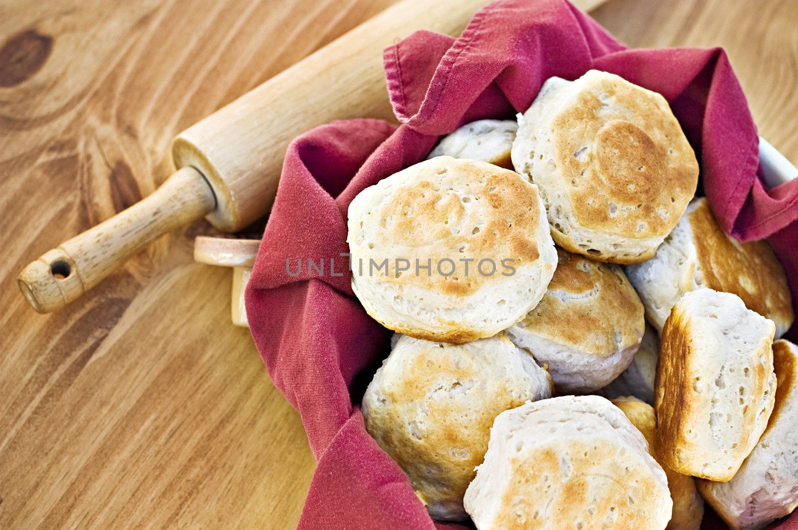 Homemade buttermilk biscuits and rolling pin