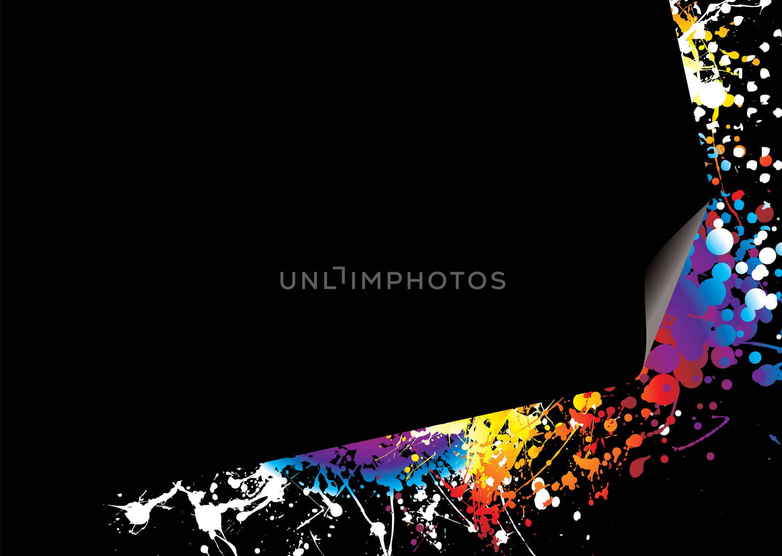 Brightly coloured ink splat background with page curl