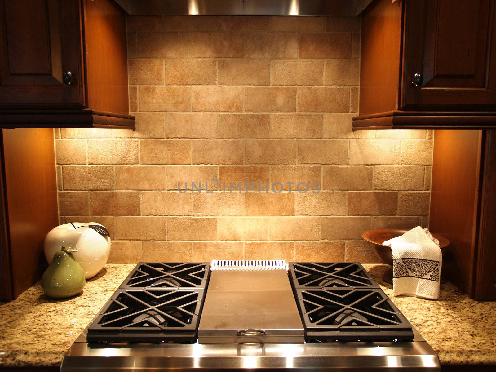 A modern cooktop in a kitchen in an upscale luxurious american home