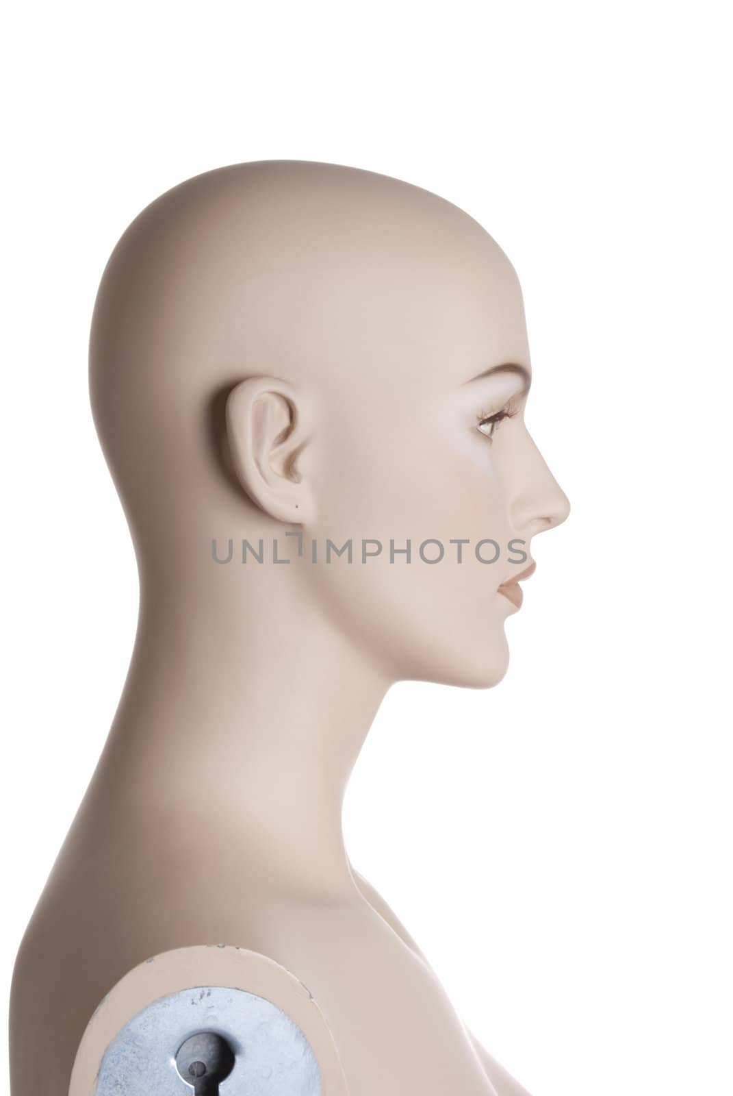 Side view at the head of the female dummy isolated on white background